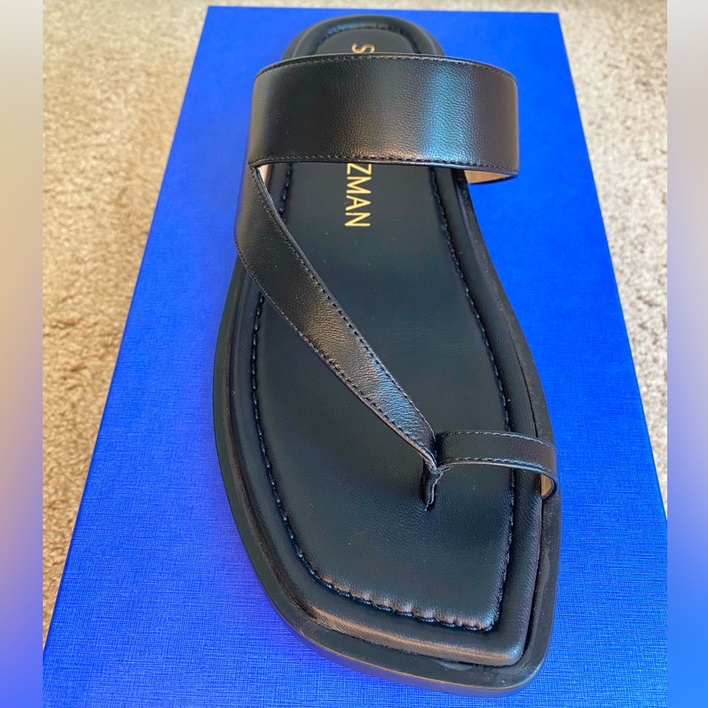 Stuart Weitzman Lyla Flat Leather Sandal Black Size 8.5, NWT - Picture 7 of 15